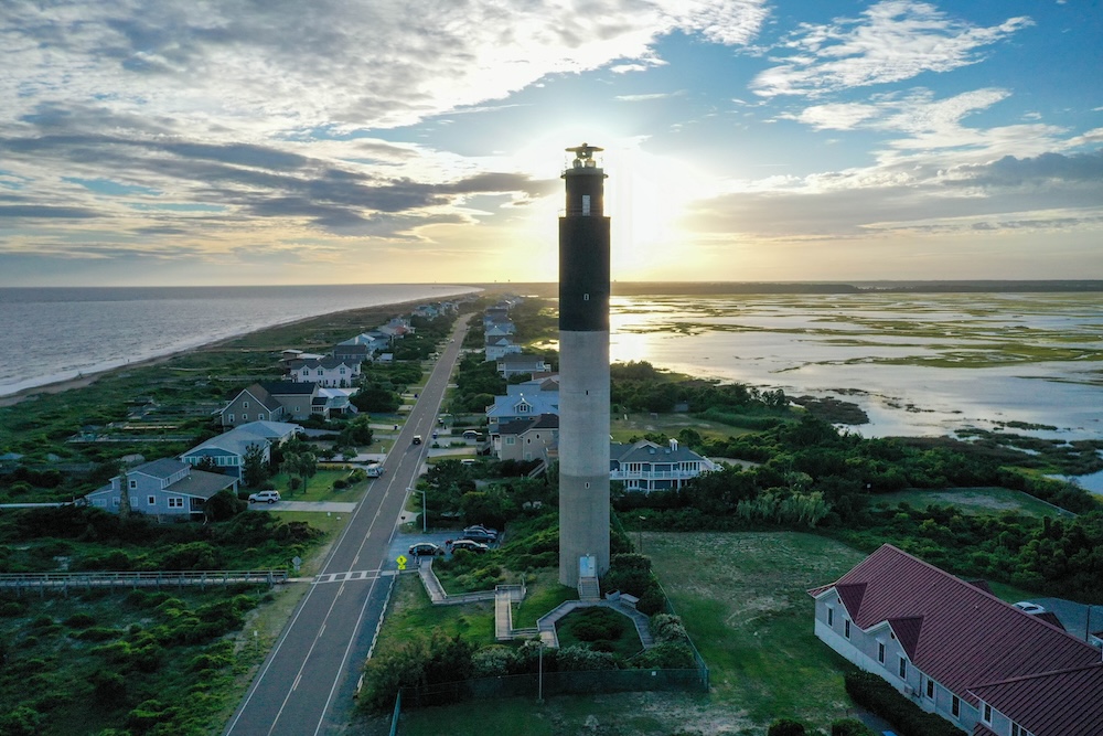 Oak island lighthouse and surrounding homes